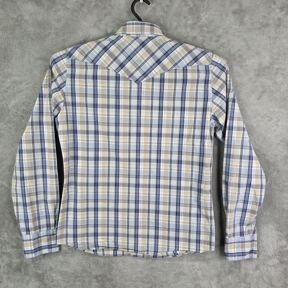 Mens Hollister Co Western Style Tan Blue Plaid Shirt Pearl Snap Button Up Size S - Picture 6 of 9